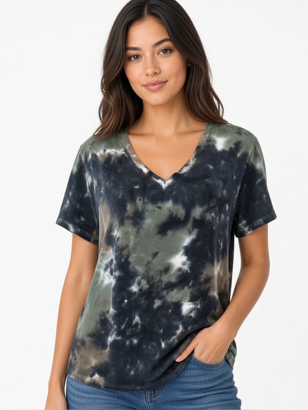 Anthropology Cloth and Stone Tie-Dye V-Neck Women's Top - Green/Black